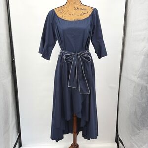 Venus‎ Navy Blue Hi-Lo Dress White Trim Belt 3/4 Sleeve Sz XL Cottage Nautical